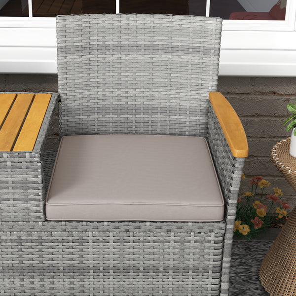 2 Seat Rattan Garden Bench, Patio Wicker Chair with Acacia Wood Top Middle Table, Outdoor PE Rattan Love Seat with Padded Cushions, Decorative Handrails, Grey
