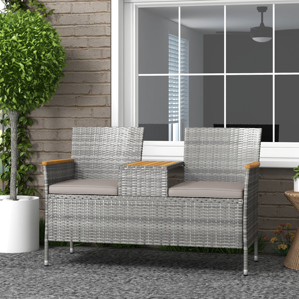 2 Seat Rattan Garden Bench, Patio Wicker Chair with Acacia Wood Top Middle Table, Outdoor PE Rattan Love Seat with Padded Cushions, Decorative Handrails, Grey