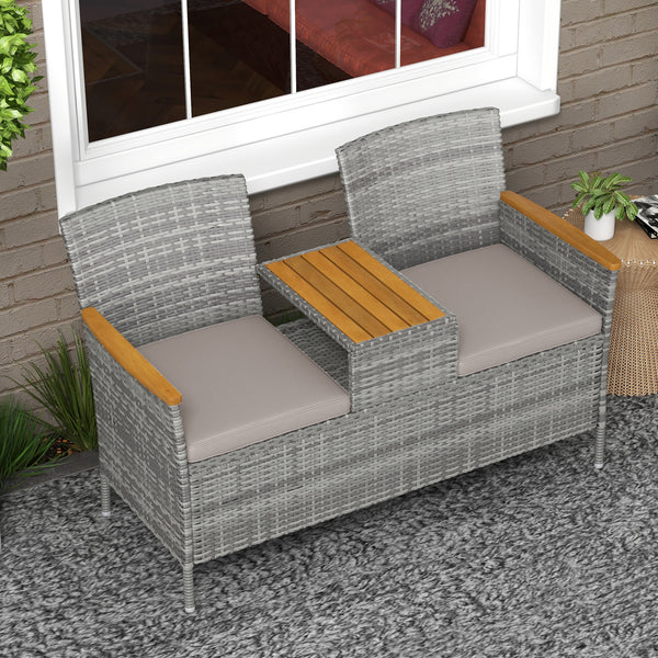 2 Seat Rattan Garden Bench, Patio Wicker Chair with Acacia Wood Top Middle Table, Outdoor PE Rattan Love Seat with Padded Cushions, Decorative Handrails, Grey