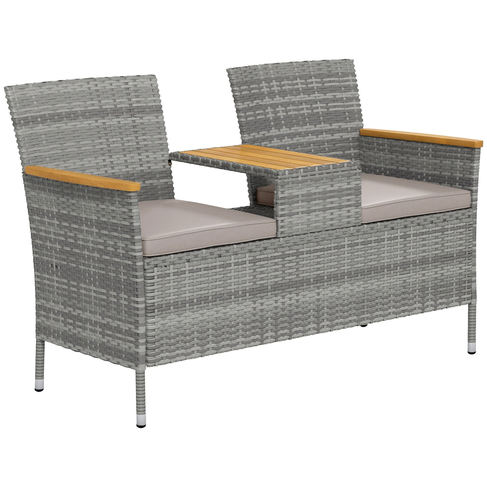 2 Seat Rattan Garden Bench, Patio Wicker Chair with Acacia Wood Top Middle Table, Outdoor PE Rattan Love Seat with Padded Cushions, Decorative Handrails, Grey