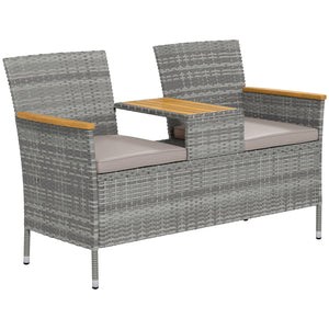 2 Seat Rattan Garden Bench, Patio Wicker Chair with Acacia Wood Top Middle Table, Outdoor PE Rattan Love Seat with Padded Cushions, Decorative Handrails, Grey