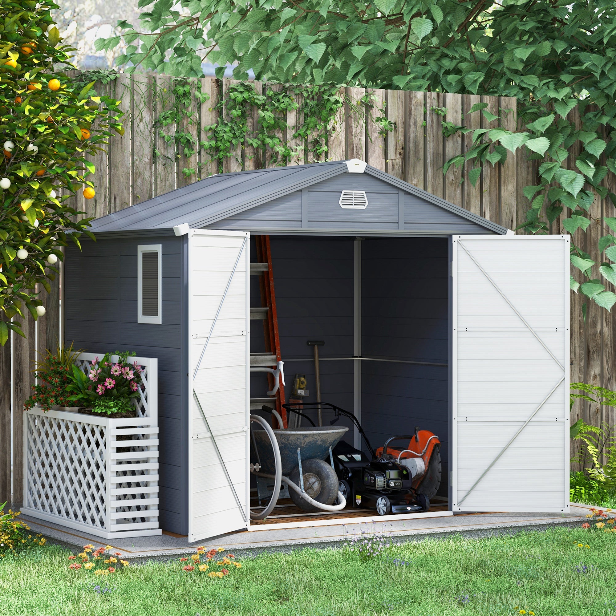 8' x 6' Garden Storage Shed, Outdoor Storage Patio Shed with Aluminum Frame, Galvanized Foundation Kit, Latched Door, Air Vents, Window for Backyard, Lawn, Dark Grey