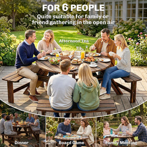 Wooden Garden Dining Set, 6 Seater Round Dining Picnic Table with Matching Bench, Garden Furniture Set with Parasol Hole for Outdoor Patio Party and Family Gatherings, Carbonized