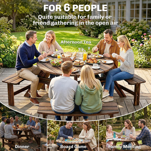 Wooden Garden Dining Set, 6 Seater Round Dining Picnic Table with Matching Bench, Garden Furniture Set with Parasol Hole for Outdoor Patio Party and Family Gatherings, Carbonized