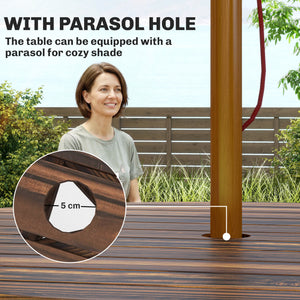 Wooden Garden Dining Set, 6 Seater Round Dining Picnic Table with Matching Bench, Garden Furniture Set with Parasol Hole for Outdoor Patio Party and Family Gatherings, Carbonized
