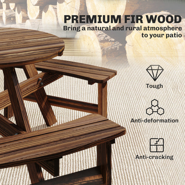 Wooden Garden Dining Set, 6 Seater Round Dining Picnic Table with Matching Bench, Garden Furniture Set with Parasol Hole for Outdoor Patio Party and Family Gatherings, Carbonized