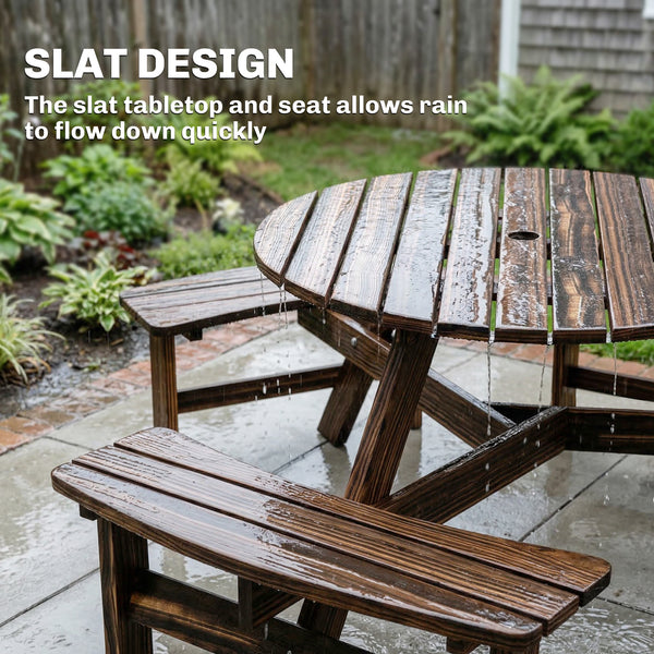 Wooden Garden Dining Set, 6 Seater Round Dining Picnic Table with Matching Bench, Garden Furniture Set with Parasol Hole for Outdoor Patio Party and Family Gatherings, Carbonized