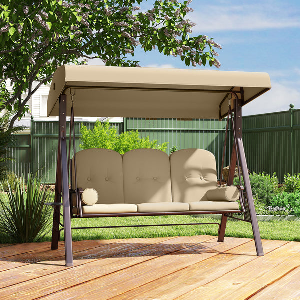 3 Seater Canopy Swing Chair, Outdoor Garden Swing Seat with Adjustable Canopy, Cushions and Cup Trays, Steel Frame, Brown
