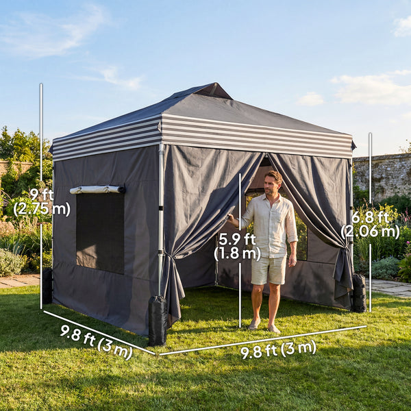10 x 10 ft Pop Up Canopy Tent with 4 Sidewalls, UPF 50+ 1-Button Push Easy Setup Outdoor Instant Canopy Portable Shelter with 4 Sandbags, Wheeled Carry Bag, Dark Grey