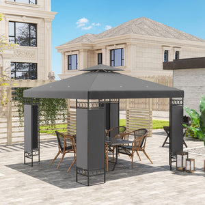 10 x 10 FT Canopy Gazebo, Double Roof Outdoor Gazebo with Screen Panels and Metal Frame, Patio Gazebo for Poolside, Garden, Deck, Backyard, Dark Grey