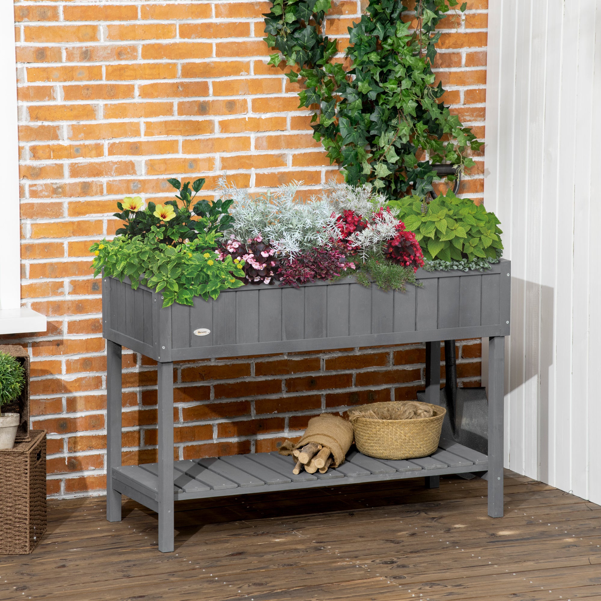 Outsunny Wooden Raised Bed with Storage Shelf & 8 Pockets, 43