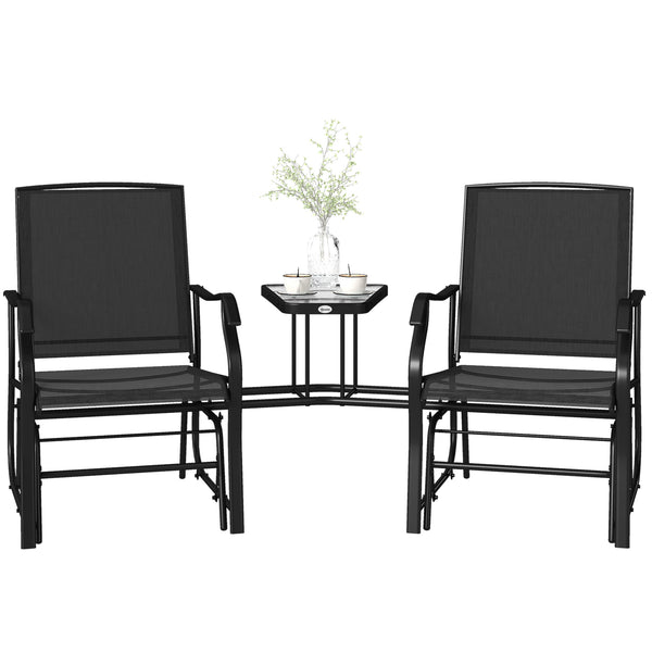 Double Patio Glider Chair with Glass Top Center Table, Outdoor Glider Loveseat with High Back,  All Weather Breathable Mesh Fabric for Garden, Backyard, Deck, Black