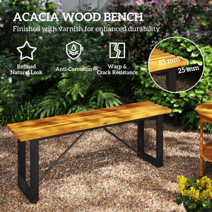 Outdoor Bench, Acacia Wood Patio Garden Bench, 47" 2-Person Backless Patio Loveseat with Slatted Seat and Metal Frame, Weather/Corrosion Resistant for Outside, Front Porch, Park, Teak