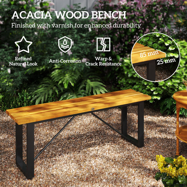 Outdoor Bench, Acacia Wood Patio Garden Bench, 47" 2-Person Backless Patio Loveseat with Slatted Seat and Metal Frame, Weather/Corrosion Resistant for Outside, Front Porch, Park, Teak
