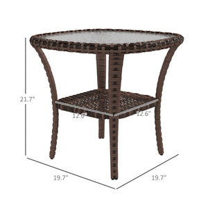 Outsunny Rattan Coffee Table with Storage Shelf, Wicker Side Table with Glass Top, Outdoor End Table for Garden, Porch, Backyard, Mix Brown