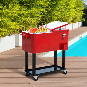 Outsunny 80 QT Rolling Cooling Bins Ice Chest on Wheels Outdoor Stand Up Drink Cooler Cart for Party, Red