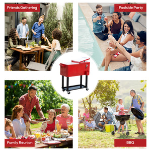 Outsunny 80 QT Rolling Cooling Bins Ice Chest on Wheels Outdoor Stand Up Drink Cooler Cart for Party, Red