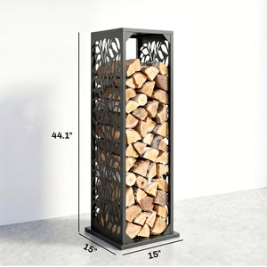 15 Inch Firewood Rack Outdoor Indoor with Cutout Design, Heavy Duty Galvanized Steel Firewood Holder, Log Holder with 4 Hooks, Adjustable Pads, Wood Storage for Fireplace, Firepit, Black