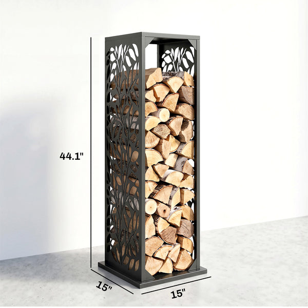 15 Inch Firewood Rack Outdoor Indoor with Cutout Design, Heavy Duty Galvanized Steel Firewood Holder, Log Holder with 4 Hooks, Adjustable Pads, Wood Storage for Fireplace, Firepit, Black