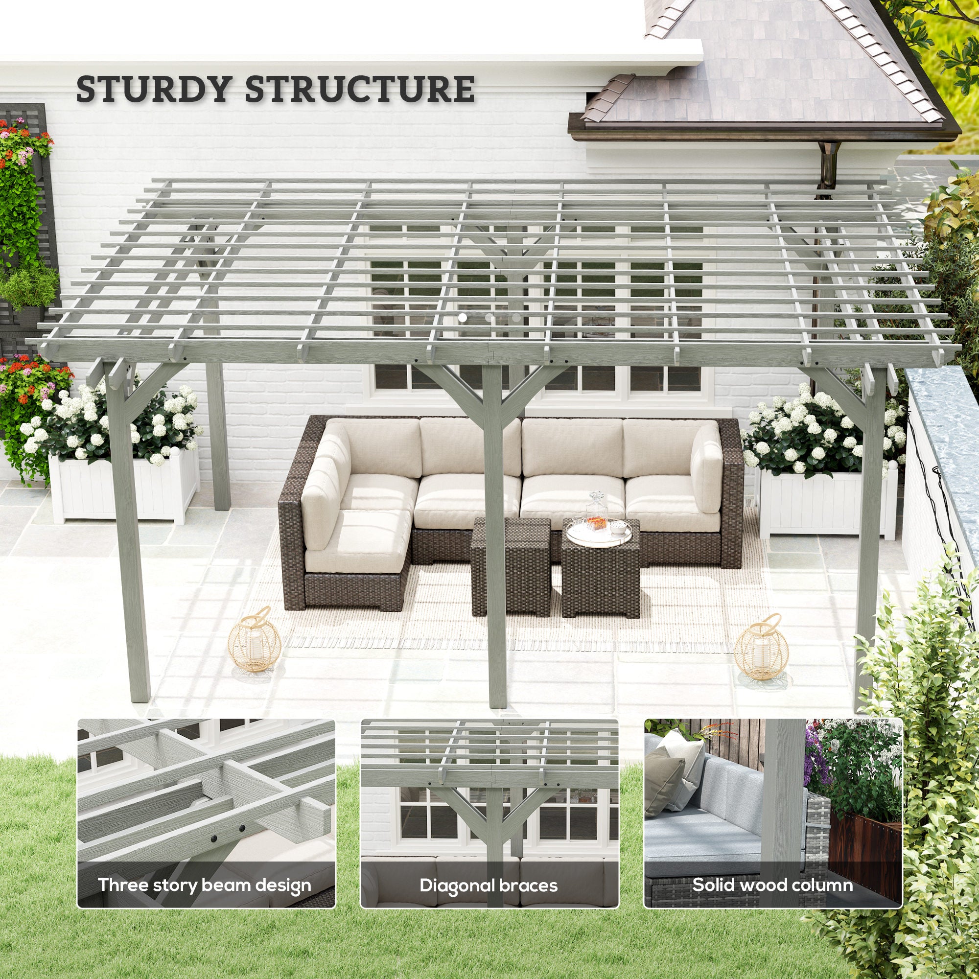 sturdy wooden trellis Outsunny 12' x 16' Outdoor Pergola, Wood Gazebo Grape Trellis with Stable Structure for Climbing Plant Support, Gray
