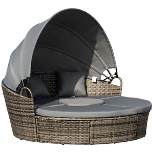 Outdoor PE Rattan Garden Furniture with Cushioned, Patio Wicker Conversation Furniture Set, Round Daybed with Retractable Canopy, Coffee Table and Three Pillows, Dark Grey/Grey