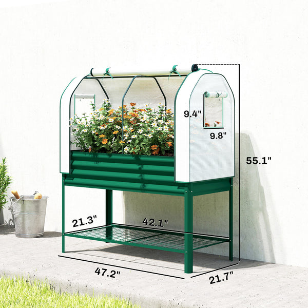 Galvanised Raised Garden Bed with Greenhouse Cover, Metal Elevated Garden Bed with Legs, Bed Liner and Bottom Shelf, Outdoor Raised Planter Box for Vegetables, Herbs, Flowers, Green