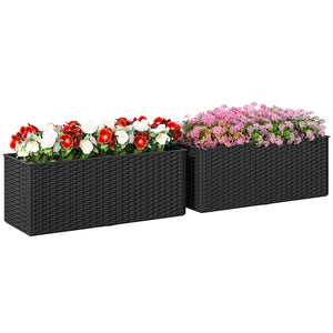 Outsunny Railing Planter Box (2 Pack, 20 Inch), Self-Watering Hanging Flower Pots with Hooks for Fence, Balcony, Garden, Patio, Rattan Look, Black