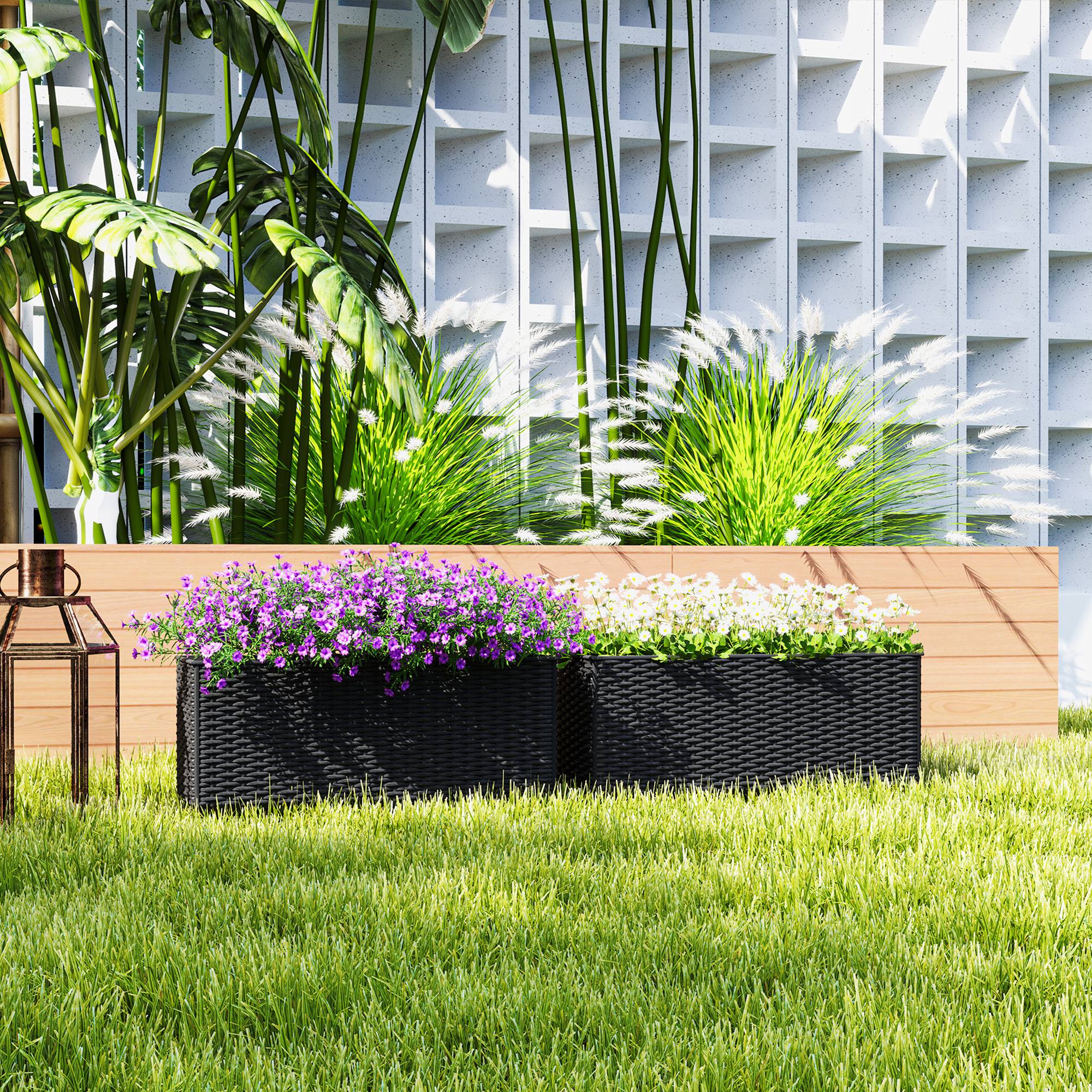 self watering deck rail planter box Outsunny Rattan Look Self-Watering Railing Planter Box Set