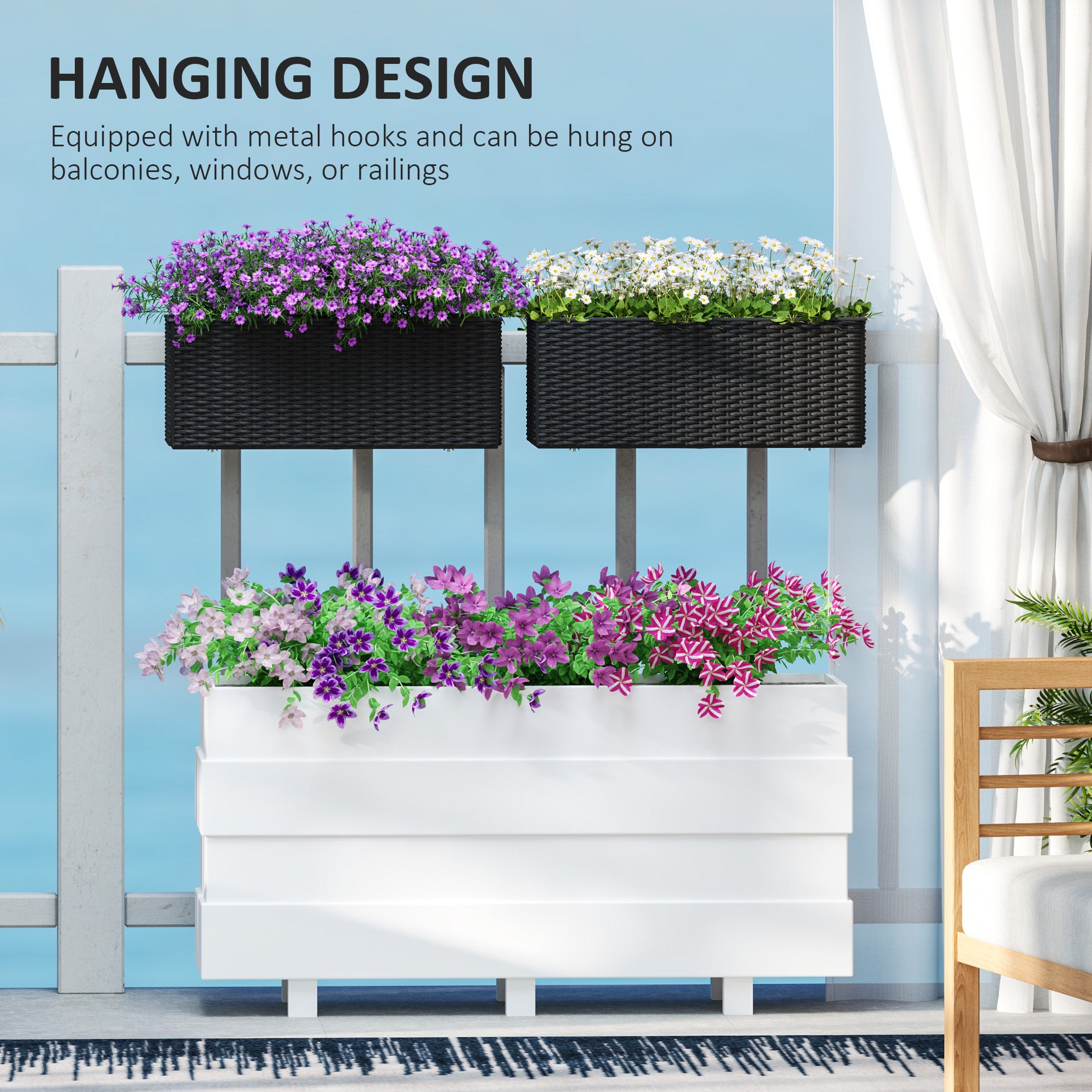 hanging planter balcony Outsunny Rattan Look Self-Watering Railing Planter Box Set