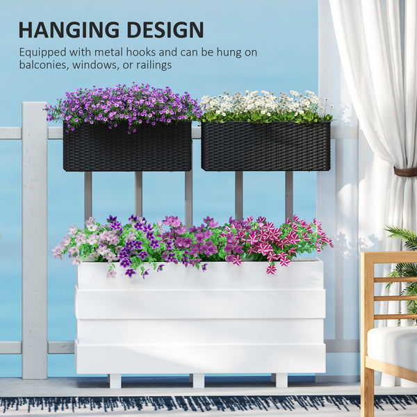 Outsunny Railing Planter Box (2 Pack, 20 Inch), Self-Watering Hanging Flower Pots with Hooks for Fence, Balcony, Garden, Patio, Rattan Look, Black