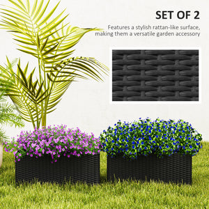 Outsunny Railing Planter Box (2 Pack, 20 Inch), Self-Watering Hanging Flower Pots with Hooks for Fence, Balcony, Garden, Patio, Rattan Look, Black