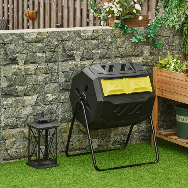 Outsunny Tumbling Compost Bin Outdoor 360° Dual Chamber Rotating Composter 43 Gallon, Yellow