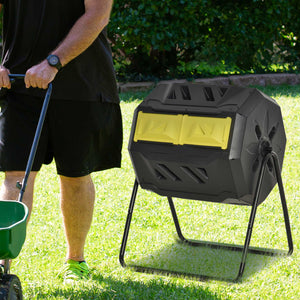 Outsunny Tumbling Compost Bin Outdoor 360° Dual Chamber Rotating Composter 43 Gallon, Yellow