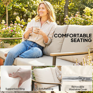 3 Seater Rattan Sofa, Outdoor Garden Sofa with Wood-Effect Armrests, PE Rattan Garden Furniture with Cushions, Steel Frame for Porch, Patio, Balcony, Khaki