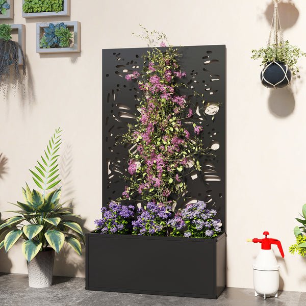 Metal Raised Garden Bed with Trellis for Climbing Plants, Freestanding or Wall Mounted Flower Bed with Privacy Panel, Butterfly Cut-Out Outdoor Planter Box for Garden, Patio, Balcony