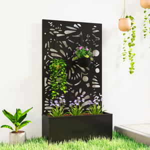 Metal Raised Garden Bed with Trellis for Climbing Plants, Freestanding or Wall Mounted Flower Bed with Privacy Panel, Butterfly Cut-Out Outdoor Planter Box for Garden, Patio, Balcony