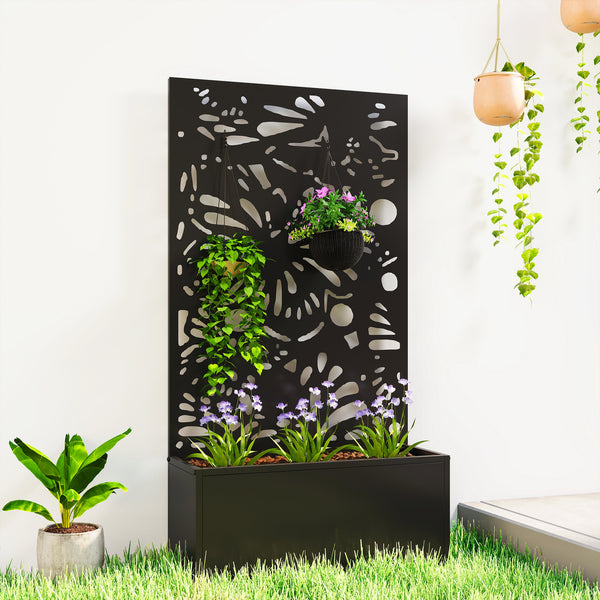 Metal Raised Garden Bed with Trellis for Climbing Plants, Freestanding or Wall Mounted Flower Bed with Privacy Panel, Butterfly Cut-Out Outdoor Planter Box for Garden, Patio, Balcony