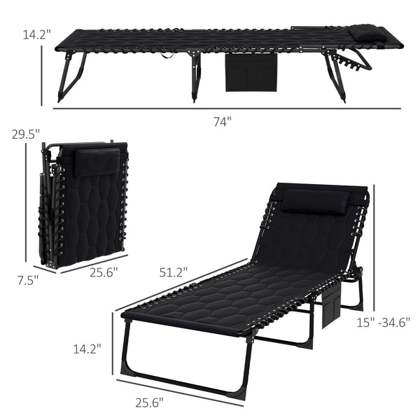 Outsunny Folding Chaise Lounge with 5-level Reclining Back, Outdoor Lounge Tanning Chair with Padded Seat, Side Pocket & Headrest for Beach, Yard, Patio, Black