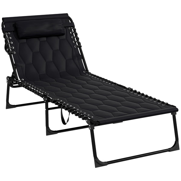 Outsunny Folding Chaise Lounge with 5-level Reclining Back, Outdoor Lounge Tanning Chair with Padded Seat, Side Pocket & Headrest for Beach, Yard, Patio, Black