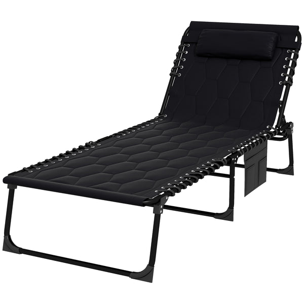 Outsunny Folding Chaise Lounge with 5-level Reclining Back, Outdoor Lounge Tanning Chair with Padded Seat, Side Pocket & Headrest for Beach, Yard, Patio, Black