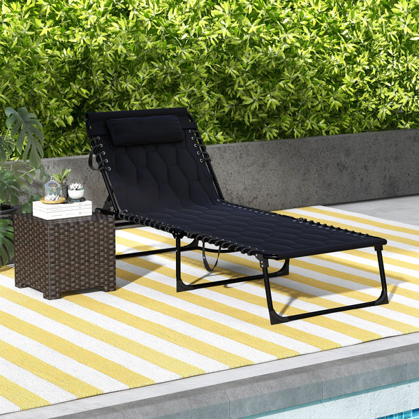 Outsunny Folding Chaise Lounge with 5-level Reclining Back, Outdoor Lounge Tanning Chair with Padded Seat, Side Pocket & Headrest for Beach, Yard, Patio, Black