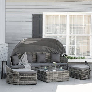 Outsunny 4-Piece Outdoor Rattan Furniture Set, Round Convertible Patio Daybed or Sunbed, Sectional Sofa with Canopy, Pillows, Cushions, Footrest, Table, PE Plastic Wicker, Grey