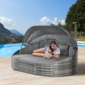 Outsunny 4-Piece Outdoor Rattan Furniture Set, Round Convertible Patio Daybed or Sunbed, Sectional Sofa with Canopy, Pillows, Cushions, Footrest, Table, PE Plastic Wicker, Grey