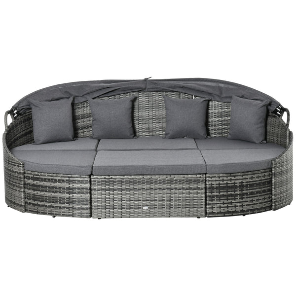 Outsunny 4-Piece Outdoor Rattan Furniture Set, Round Convertible Patio Daybed or Sunbed, Sectional Sofa with Canopy, Pillows, Cushions, Footrest, Table, PE Plastic Wicker, Grey