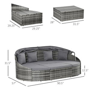 Outsunny 4-Piece Outdoor Rattan Furniture Set, Round Convertible Patio Daybed or Sunbed, Sectional Sofa with Canopy, Pillows, Cushions, Footrest, Table, PE Plastic Wicker, Grey