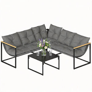 4 Piece Garden Furniture Set, Garden Table and Chairs with Thick Cushions, Patio Conversation Set with Coffee Table for Porch, Balcony, Deck, Grey
