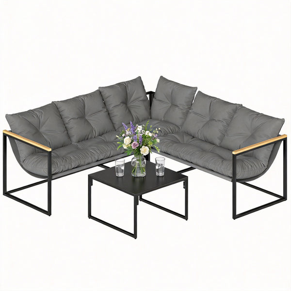 4 Piece Garden Furniture Set, Garden Table and Chairs with Thick Cushions, Patio Conversation Set with Coffee Table for Porch, Balcony, Deck, Grey