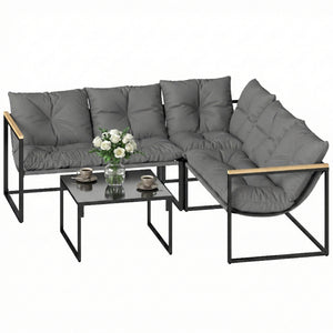4 Piece Garden Furniture Set, Garden Table and Chairs with Thick Cushions, Patio Conversation Set with Coffee Table for Porch, Balcony, Deck, Grey