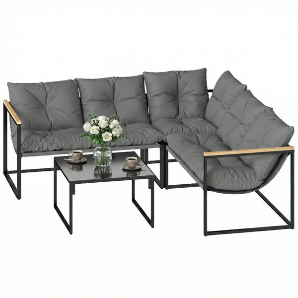 4 Piece Garden Furniture Set, Garden Table and Chairs with Thick Cushions, Patio Conversation Set with Coffee Table for Porch, Balcony, Deck, Grey
