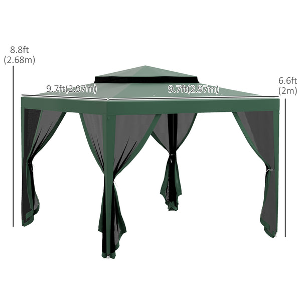 10' x 10' Canopy Tent, Party Tent with Mesh Netting and Double Tier Roof for Backyard, Garden, Patio, Outdoor, Green